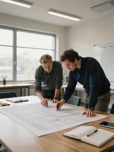 Wide environmental shot of a professional workshop room, two practitioners leaning over a large printed framework document on a conference table under diffused north-facing window light, notebooks and markers visible, no faces, neutral tones