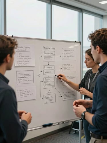 Wide environmental shot of a professional facilitation workshop, three participants leaning over a whiteboard covered in strategic framework notes, diffused natural light from tall north-facing windows, neutral conference room, hands visible mid-gesture, no faces prominent