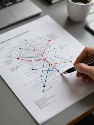 Overhead close-up of a process map printed on A3 paper on a desk, pen marking checkpoints, a coffee cup at the edge, flat office daylight, no people visible