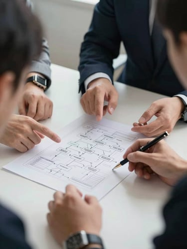 Close-up of a team leader and two colleagues reviewing a printed workflow diagram on a table, hands gesturing at process steps, neutral office environment, flat daylight