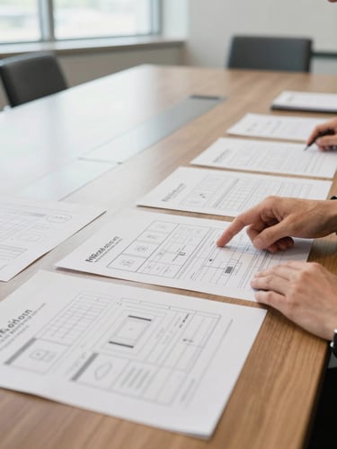 Wide shot of a conference room table, documents and printed control framework diagrams spread across the surface under even natural window light, a person's hands pointing at a section of the framework, no faces visible, documentary style
