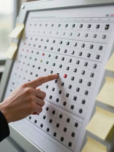 Close-up overhead shot of a security controls matrix printed on large format paper, a hand pointing at a specific control row with a pen, scattered sticky notes and a ruler visible at the edge of the frame, even natural window light from the left side