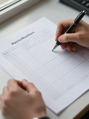 Close-up of a security control register printed on A3 paper, hands holding a pen marking an annex reference, shallow depth of field on the document, even natural light from a nearby window, plain desk surface visible