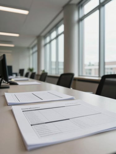 Wide office environment, natural daylight through tall windows on the right, a compliance analyst seated at a long table reviewing printed control framework documentation, papers spread across the surface, architectural columns visible in the background, even and clear lighting
