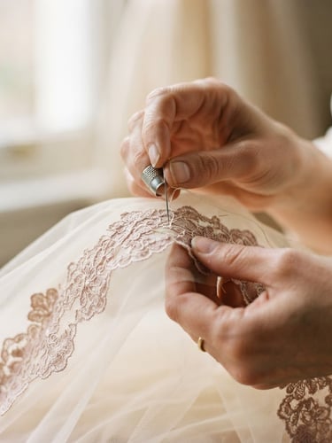 Close-up of hands carefully hand-basting delicate lace trim onto translucent tulle, soft window light, shallow depth of field, romantic editorial photography, muted cream and dusty rose tones.