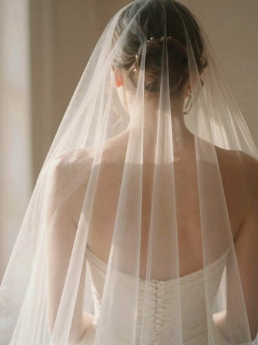 Portrait of a bride's back, delicate veil flowing, catching soft golden hour light, romantic editorial photography, shallow depth of field, muted cream and dusty rose tones.