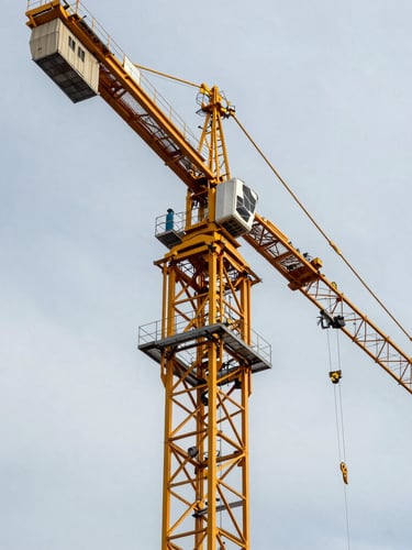 Low-angle architectural shot of a massive yellow tower crane truss rising into a crisp, overcast Szczecin sky, industrial precision, geometric lines