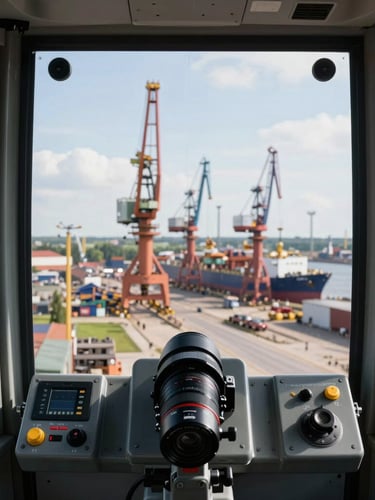 First-person perspective from inside a modern crane cabin looking out over the Szczecin shipyard, bright daylight, safety controls visible in foreground