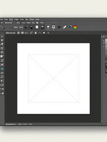 Straight-on flat crop of QSoulCad software interface on a light background — clean toolbar at top, open vector drawing workspace, precise geometric paths visible on a white canvas, minimal UI chrome, bright even studio lighting
