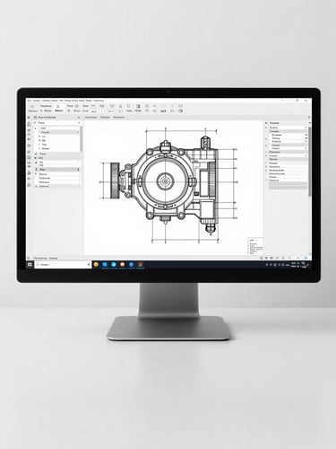 Full-screen CAD workspace on a monitor showing a precise mechanical part drawing in progress, clean white background, minimal uncluttered desk surface, straight-on flat angle, bright even daylight