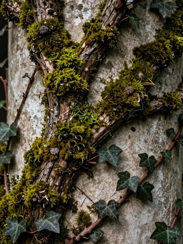 Macro texture close-up of thick moss, gnarled oak branches, and dark ivy climbing a structured plaster column, low-key directional lighting