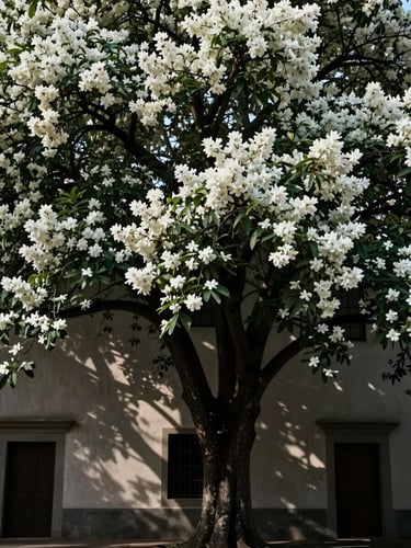 Dramatic low-key lighting casting deep shadows over a towering canopy of mature trees and white florals inside a plaster-walled historic hall