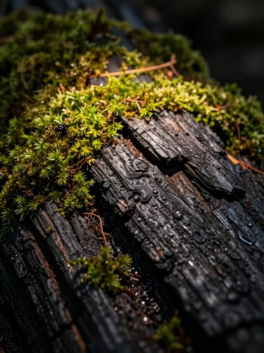 Macro-texture close-up of charred wood and deep green moss illuminated by a single warm spotlight, deep shadows.