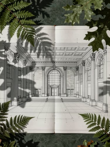 An elegant, technical architectural blueprint of a grand hall, overlaid with dramatic botanical shadows of mature oak branches and ferns, low-key lighting, deep green and charcoal tones.