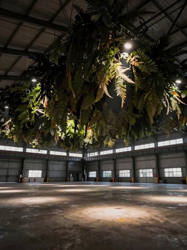 Wide panoramic shot of an empty industrial warehouse transformed by a massive suspended canopy of dark foliage and directional spotlights, moody atmosphere.
