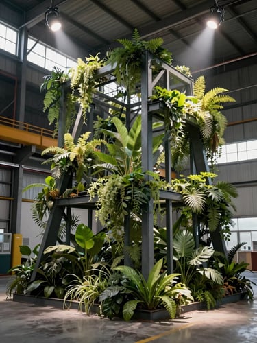 A structurally ambitious botanical installation in an industrial warehouse, featuring geometric steel frames overgrown with wild green foliage and dramatic architectural spotlights