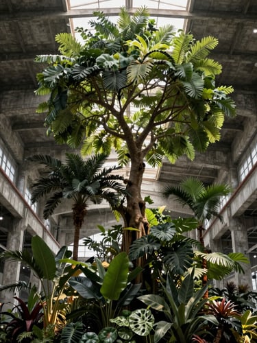 A towering botanical installation inside a high-ceilinged industrial warehouse, where mature trees and structured foliage kiss the raw concrete beams, dramatic side-lighting.