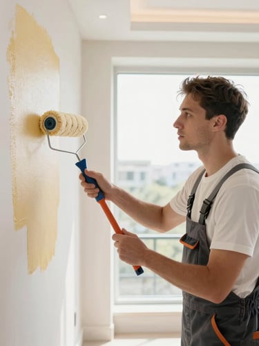 Professional decorator in clean, modern work attire, meticulously applying paint to a wall with a roller inside a luxurious, bright home, focused expression, natural light from a large window, crisp edges.