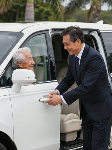 A professional bilingual driver in a clean dark suit warmly greeting a senior passenger next to a pristine white luxury multi-passenger vehicle, bright natural Florida daylight
