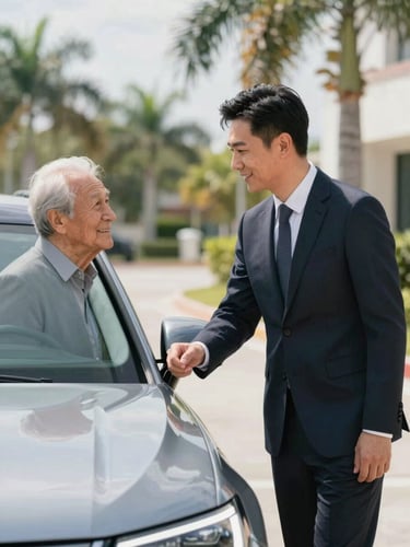 A professional bilingual driver in a clean dark suit warmly greeting an elderly passenger next to a pristine luxury SUV, bright natural Florida daylight, soft shadows.
