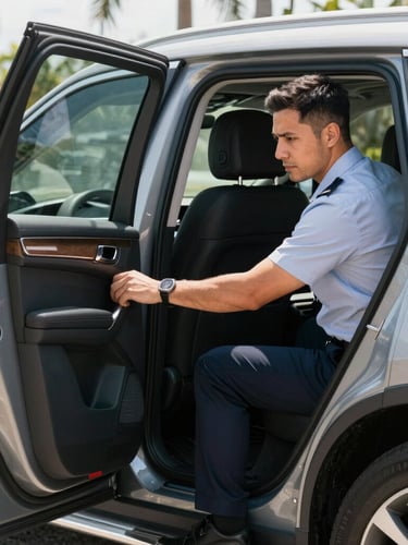 A professional bilingual driver in a clean uniform opening a passenger door of a premium SUV, bright Florida daylight, clean reflections