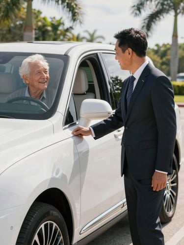 A professional bilingual driver in a clean, dark suit warmly greeting an elderly passenger next to a pristine white luxury SUV. Bright, natural Florida daylight, soft shadows, focusing on the respectful handoff.