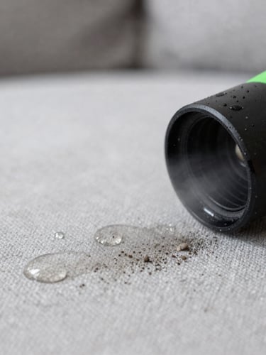 Extreme close-up of a high-pressure steam extraction nozzle drawing dark dirt out of light grey sofa fabric, showing water droplets and texture, crisp lighting, 35mm lens
