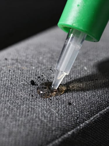 Extreme close-up of a transparent extraction nozzle pulling dark dirt water from grey sofa fabric fibers, high contrast, dramatic lighting, sharp focus, water droplets visible