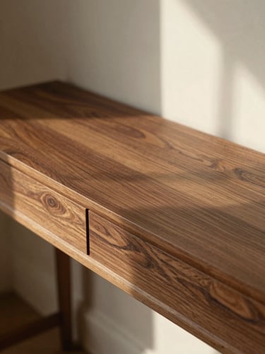 Eye-level close-up of rich walnut wood joinery on a low-profile console, soft natural window light casting gentle shadows, warm editorial photography style.