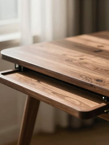Low-angle close-up of a warm walnut lift-top table mechanism gliding open, soft natural window light casting gentle shadows, shallow depth of field