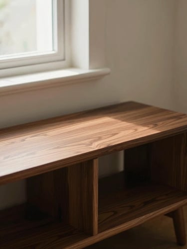 Eye-level slightly low-angle shot of a walnut storage bench styled in a small, airy, sun-drenched room. Soft directional side-lighting from a window highlights the rich walnut grain and clean joinery details.