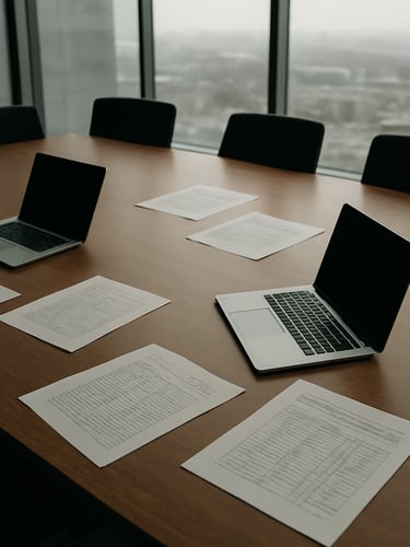 Wide environmental shot of a conference table from above, spreadsheets and open laptops arranged across the surface, overcast daylight through floor-to-ceiling windows, no people, papers with handwritten margin notes visible