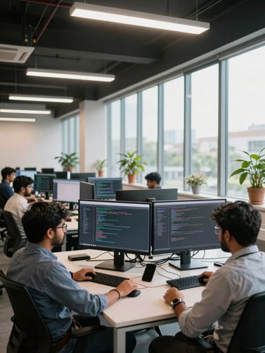 Wide environmental shot of a modern open-plan software development office in Pune, India — developers seated at dual-monitor workstations in the foreground, natural daylight streaming through floor-to-ceiling windows on the right side, overhead fluorescent light filling the mid-ground, keyboards and code visible on screens, no posed faces, genuine working atmosphere