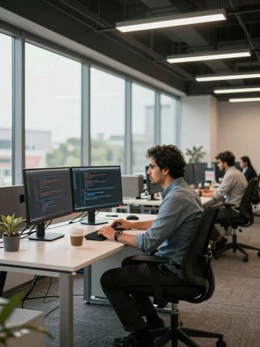 Environmental wide shot of an open-plan tech office interior in Pune, natural daylight flooding through floor-to-ceiling windows, a mid-career developer seated at a standing desk reviewing code on two monitors, coffee cup beside keyboard, colleagues visible but out of focus in background, overhead fluorescent mixed with window light, calm focused atmosphere