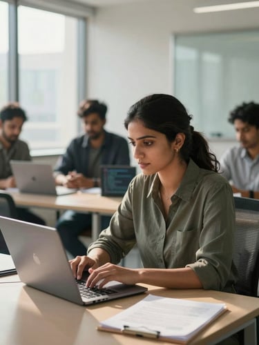 Medium shot of a focused female software engineer in a Pune office meeting room, seated at a table reviewing code on a laptop, natural window light from the left casting soft shadows, colleagues blurred in background, professional attire, no eye contact with camera
