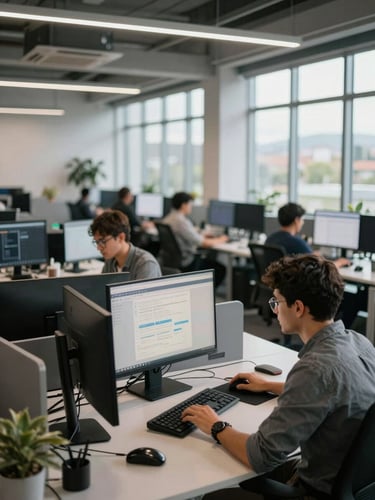 Wide environmental shot inside a modern South African open-plan tech office, rows of monitors and developers focused on screens in the mid-ground, natural daylight pouring through floor-to-ceiling windows on the right, neutral grey desks and overhead pendant lighting, no posed subjects, shallow depth-of-field pulling focus to the nearest workstation