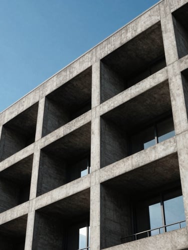 Low-angle architectural shot of a brutalist concrete building facade against a clear sky, sharp linear shadows, high-contrast daylight, editorial corporate photography.