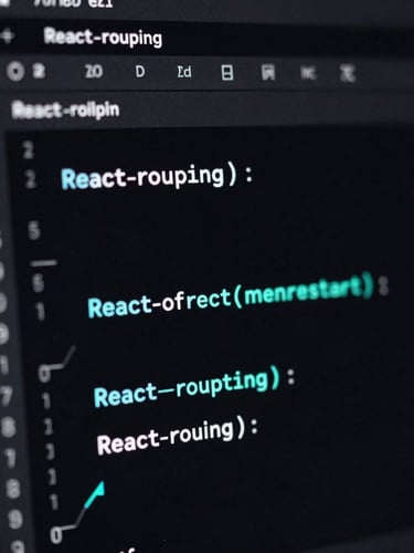 Macro close-up of a dark-mode IDE screen displaying ultra-clean, type-safe React routing code with neon-cyan highlights, sharp focus, 35mm lens, low-key ambient lighting