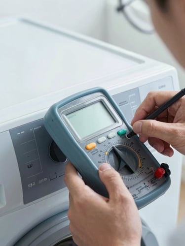 Macro close-up of a technician's hands using a digital diagnostic multimeter on a modern washing machine control panel, focused work light, cool metallic tones.