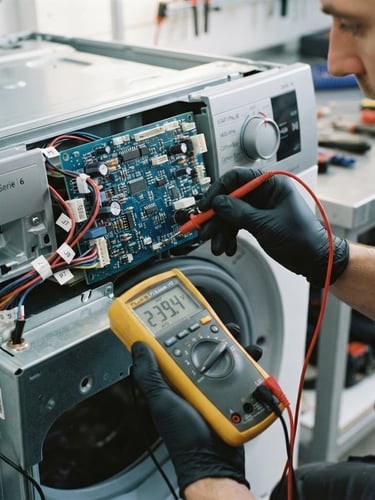 Close-up of a professional technician's hands using a digital multimeter to diagnose an electronic control panel of a modern washing machine, bright focused light, cool metallic tones, sharp focus, 35mm