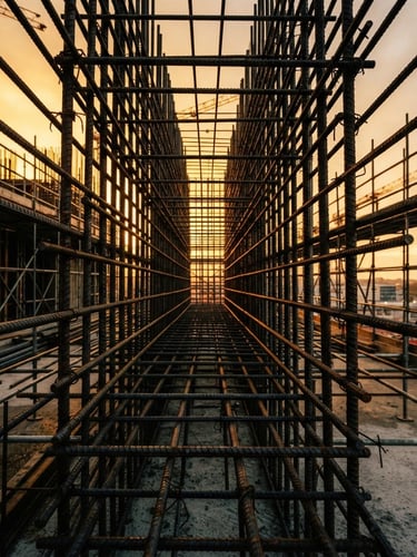 Low-angle wide shot of structural steel rebar grid, dramatic golden-hour sunlight casting high-contrast deep shadows, monumental civil engineering photography, 35mm film grain