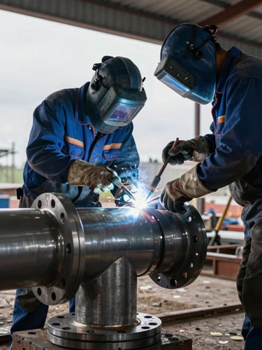 Process angle of two workers in welding gear assembling a heavy steel pipe flange on a construction site, work lights illuminating the joint, overcast daylight visible through an open structure, focus on hands and tooling