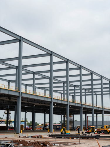 Wide environmental shot of a large installed structural steel framework at an industrial plant, photographed in overcast natural daylight, steel columns and beams extending into mid-ground, construction crew visible in lower third, operational site context