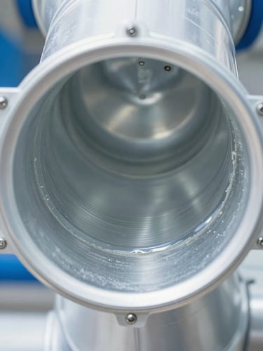 Macro close-up of a pristine, newly-cleaned metallic air duct interior, reflecting crisp white utility light, showing absolute dust removal, sharp focus, 35mm