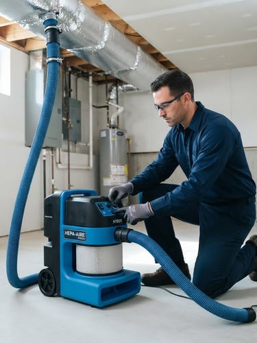 Crisp commercial photography of a professional HVAC technician in a clean uniform operating a high-tech blue HEPA negative-pressure vacuum system connected to a residential duct, bright daylight, sharp focus, 35mm