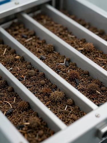 Wide close-up of Black Soldier Fly frass collection tray system in a functional facility, overhead studio lighting revealing the granular texture of frass and the systematic tray arrangement, no people, clinical and precise