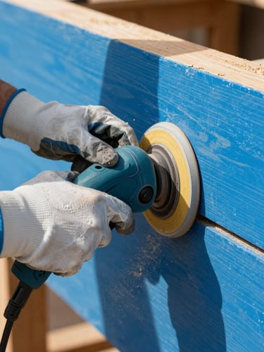 Close-up of hands wearing work gloves using a hand-sander on a bright blue painted wooden sign, wood dust flying in warm workshop sunlight.