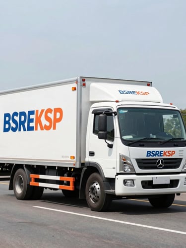 Wide shot of a professional delivery truck with BSREKSP branding driving on a paved highway in East Kalimantan, bright natural daylight, high-contrast industrial tones, sharp focus, 35mm lens