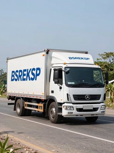 Wide shot of a professional BSREKSP delivery truck driving on a sunny road in Kutai Timur, bright natural daylight, high-contrast industrial tones, sharp focus, 35mm lens