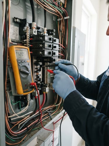 Close-up of a technician testing an electrical panel with a digital multimeter, bright daylight, sharp focus on the tools and copper wiring